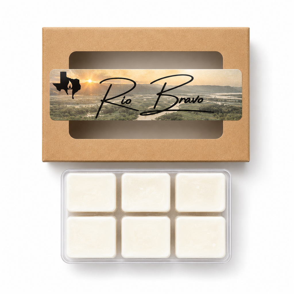 Rio Bravo wax melts: kraft window box with river sunset label above an open clamshell of six white soy wax cubes