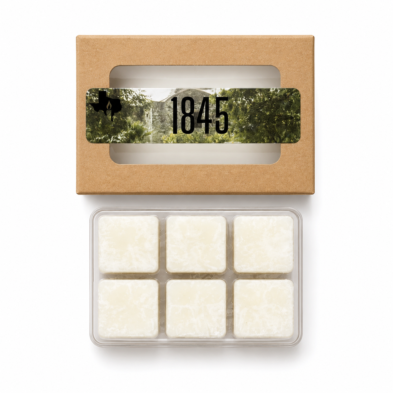 The 1845 wax melts: kraft window box with oak tree label above an open clamshell of six white soy wax cubes