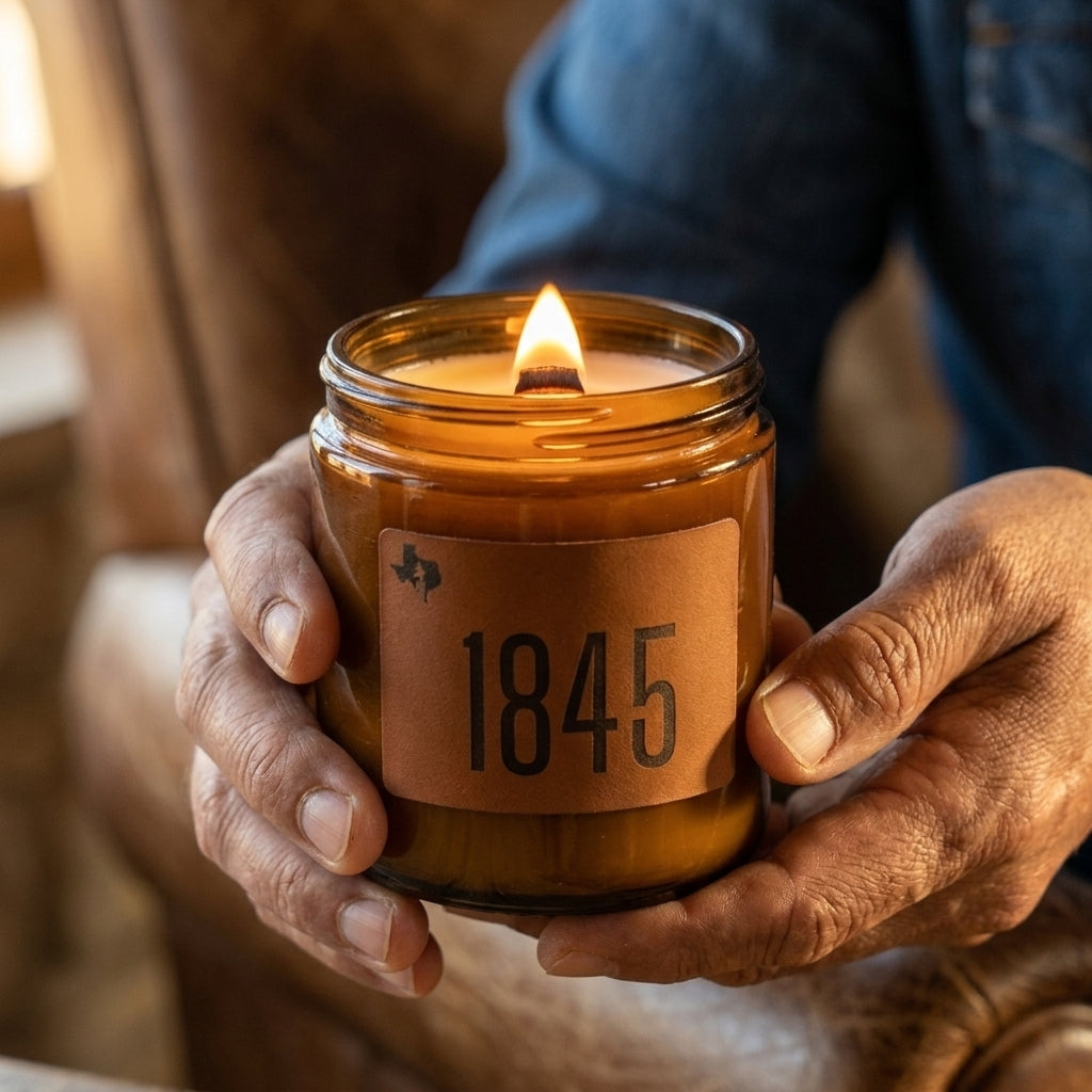 Person holding a lit candle in a jar labeled '1845'.