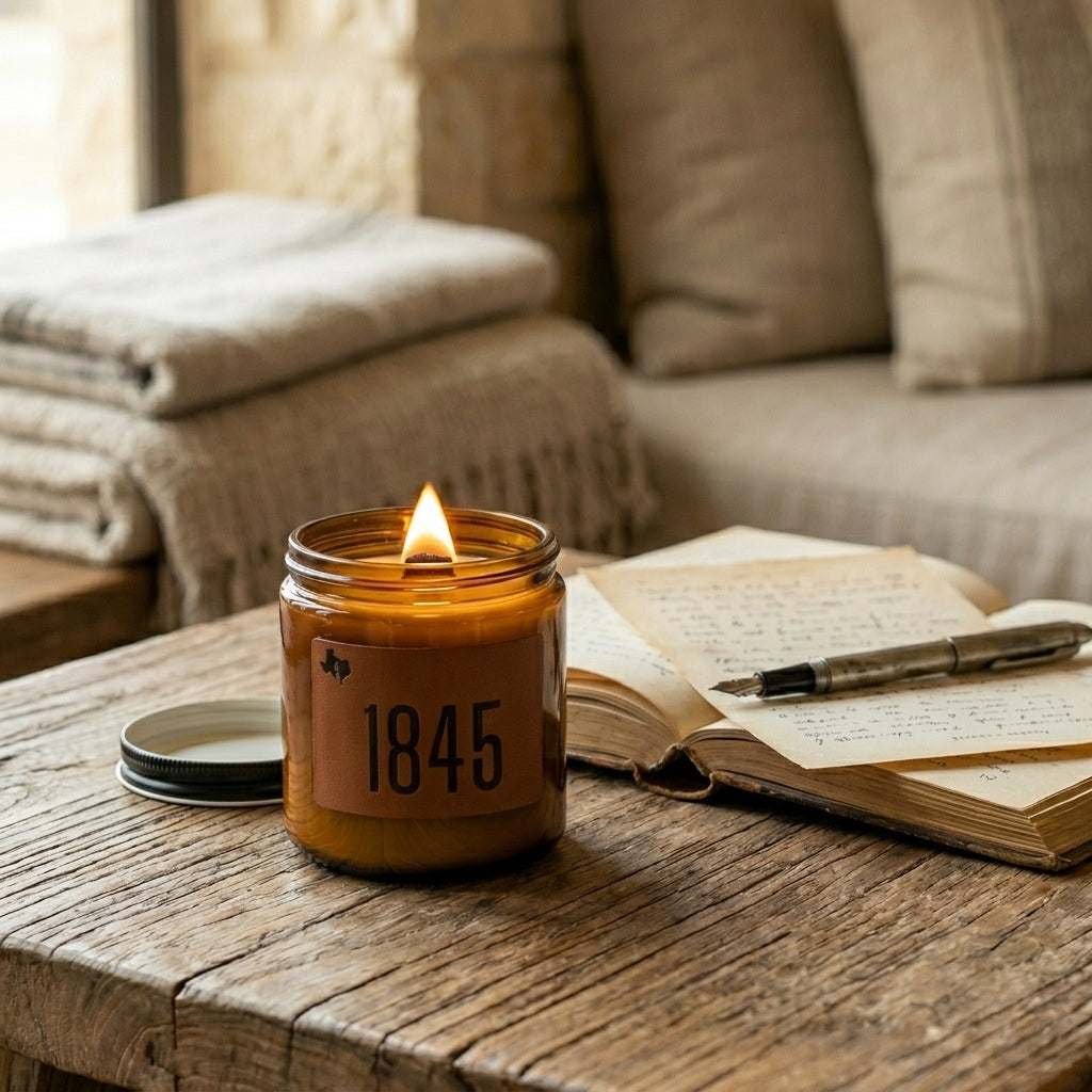 Candle with '1845' label on a wooden table next to an open book and pen, with a cozy interior background.