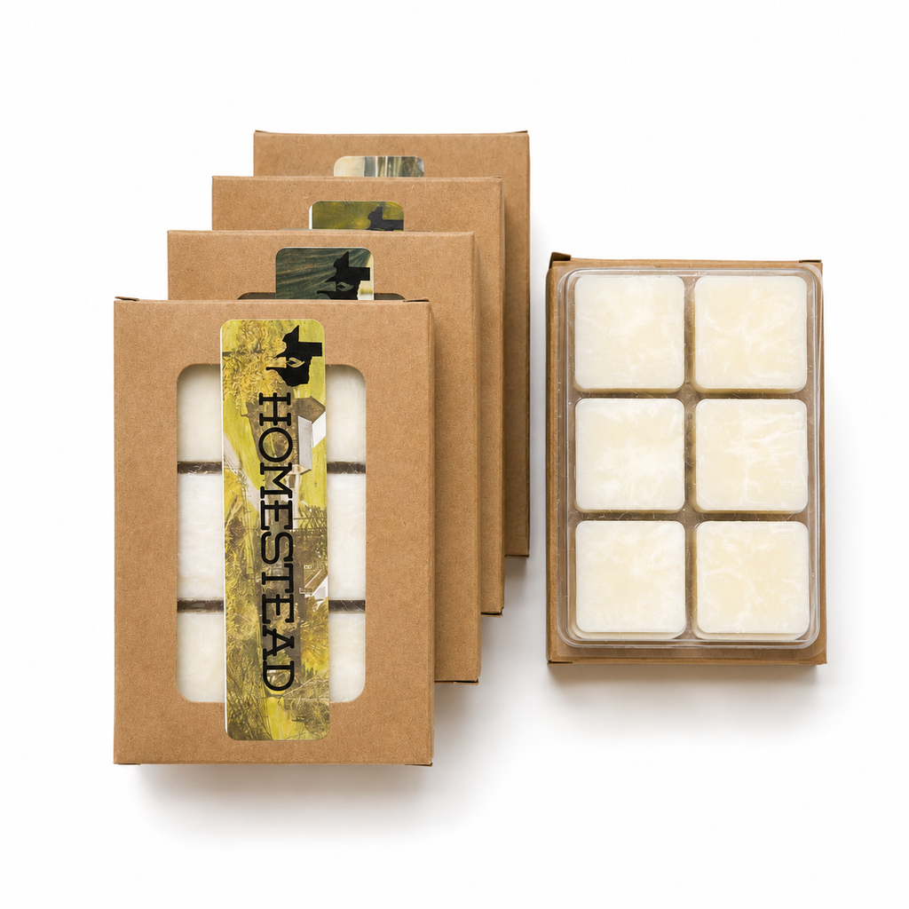 Four kraft Republic Collection wax melt boxes stacked upright beside an open clamshell of six white soy wax melt cubes