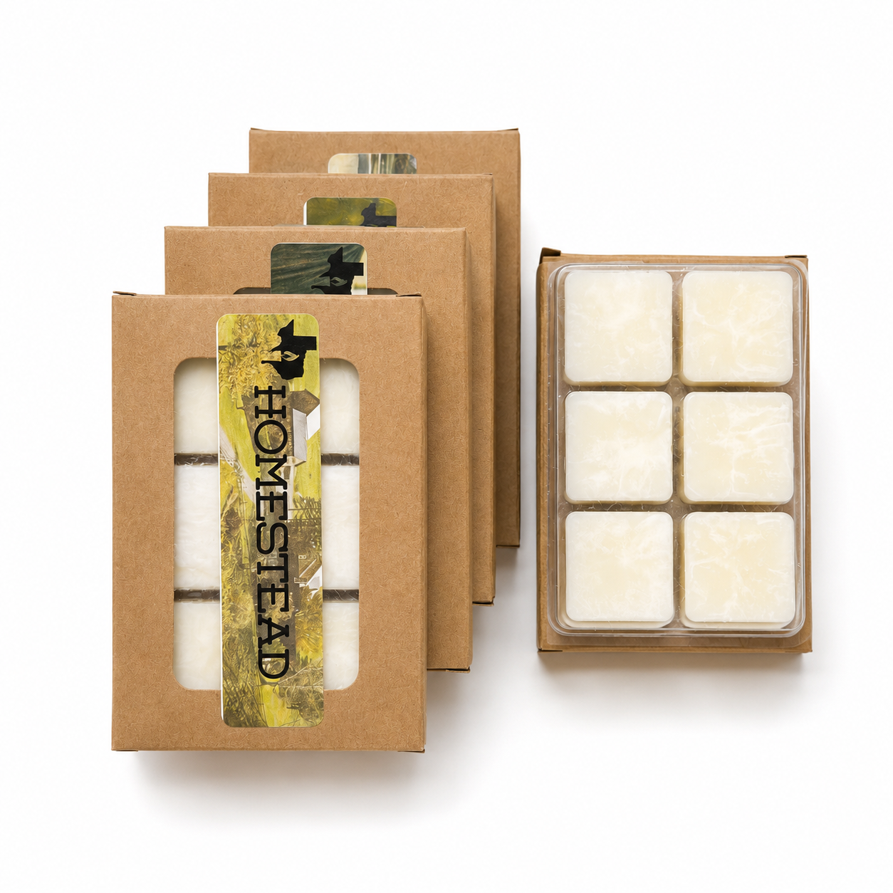 Four kraft Republic Collection wax melt boxes stacked upright beside an open clamshell of six white soy wax melt cubes
