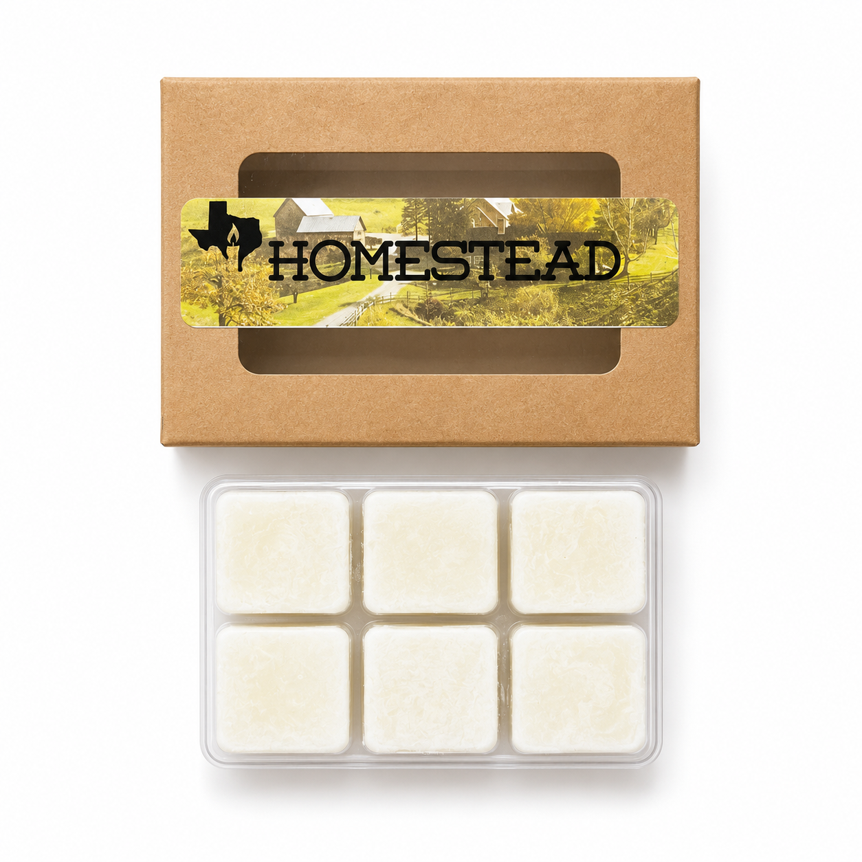 The Homestead wax melts: kraft window box with farmhouse label above an open clamshell of six white soy wax cubes
