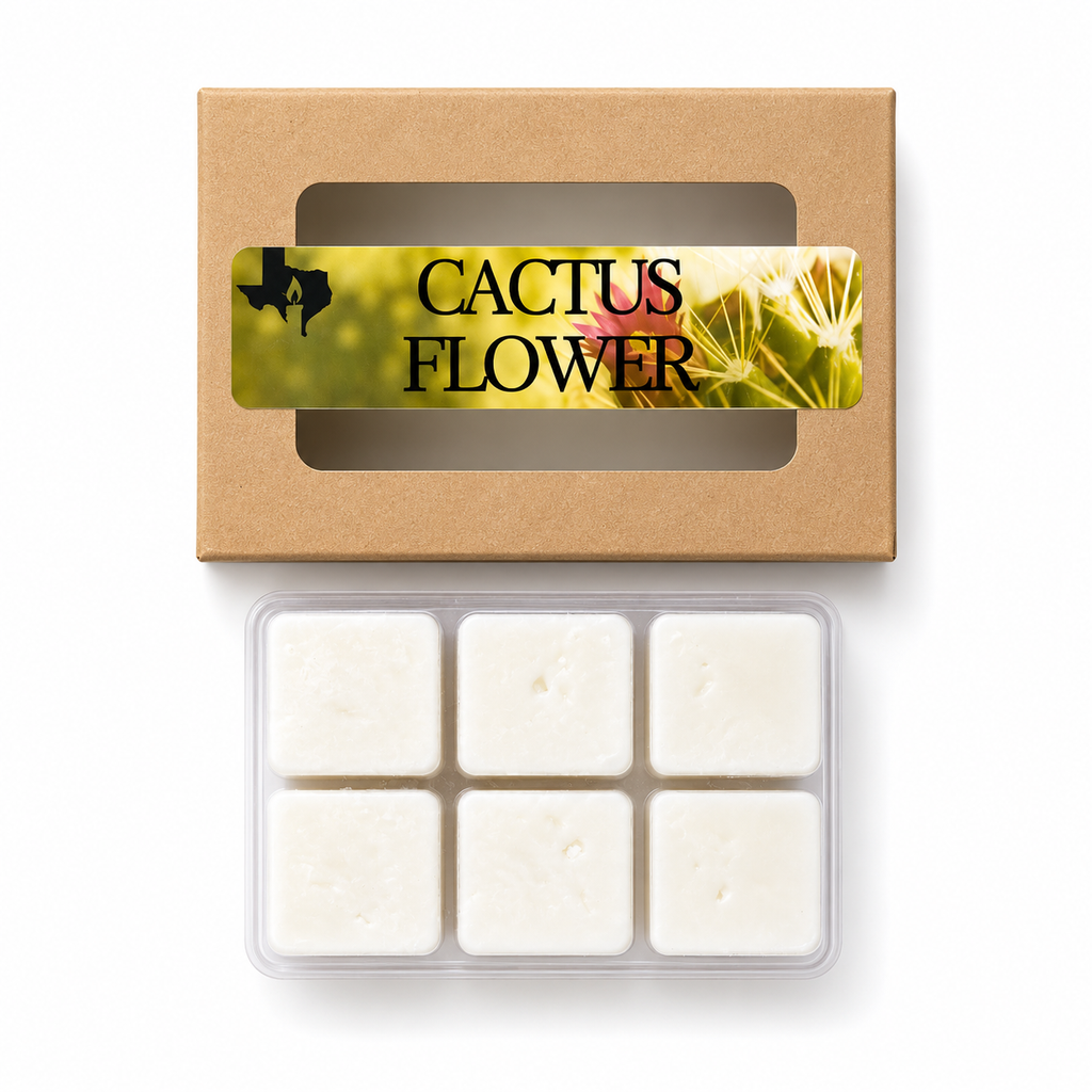 Cactus Flower wax melts: kraft window box with desert bloom label above an open clamshell of six white soy wax cubes