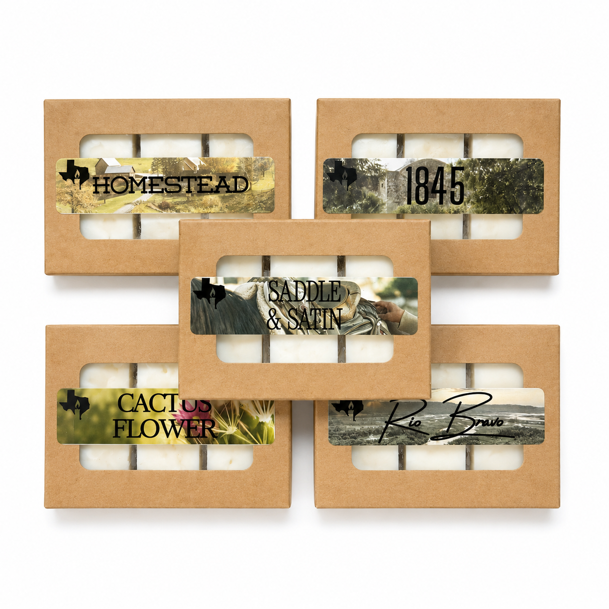 All five Republic Collection wax melt boxes fanned out on a white background: Homestead, 1845, Saddle & Satin, Cactus Flower, and Rio Bravo in kraft window boxes