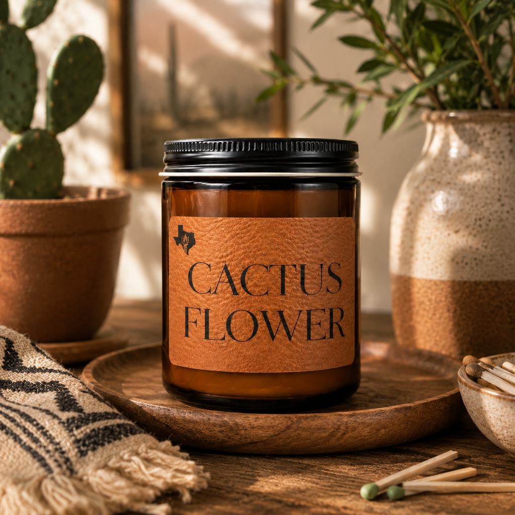 Cactus Flower 8oz candle on a wooden tray beside a potted prickly pear cactus, a vase of greenery, and a bowl of matches, with framed desert art behind.