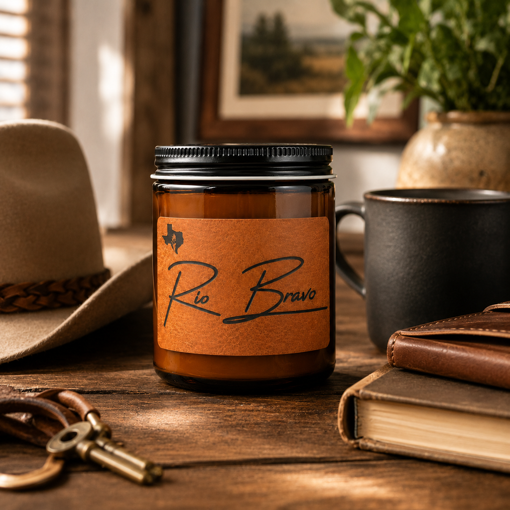 Rio Bravo 8oz candle on a wooden desk with a felt cowboy hat, a black mug, a leather journal, and brass keys.