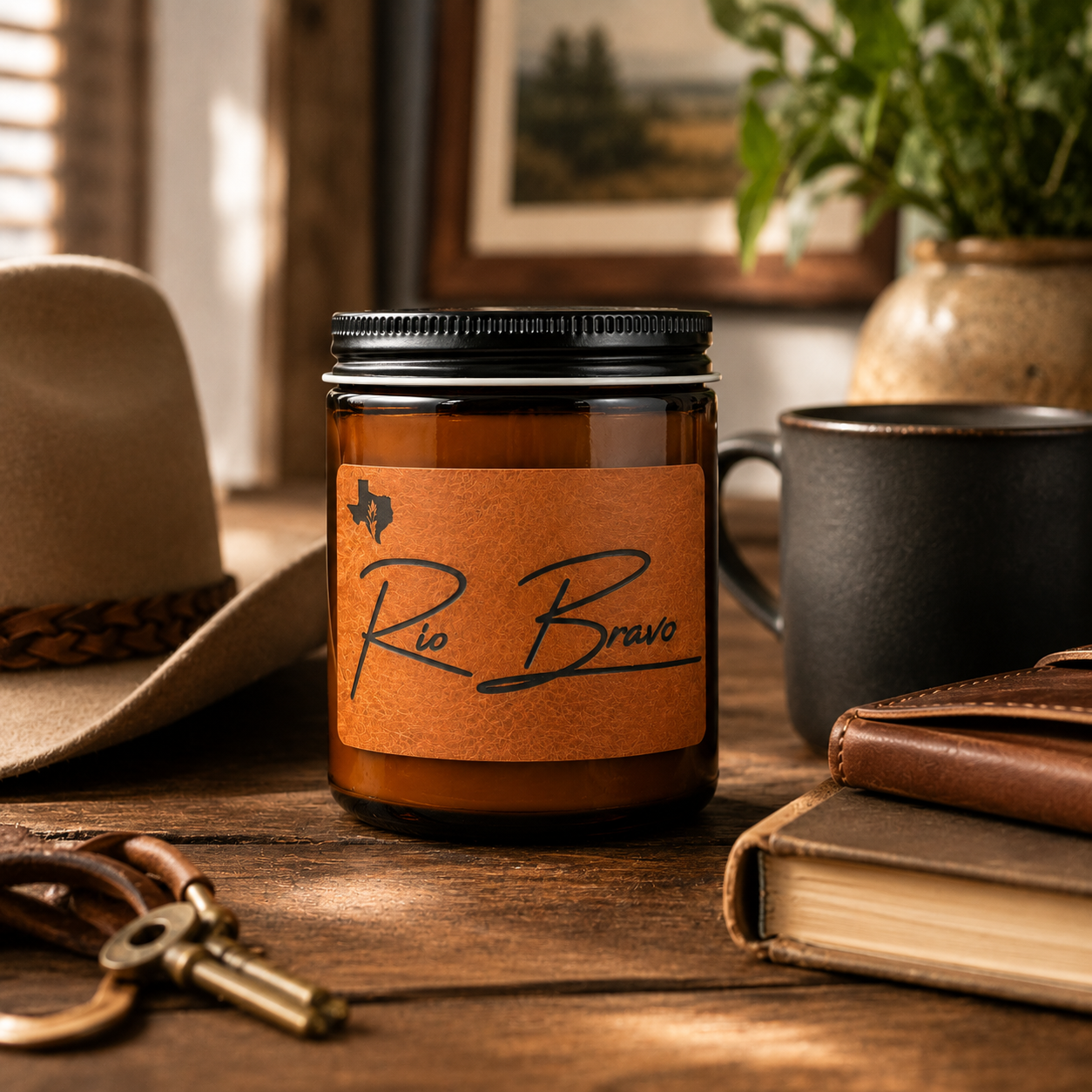 Rio Bravo 8oz candle on a wooden desk with a felt cowboy hat, a black mug, a leather journal, and brass keys.