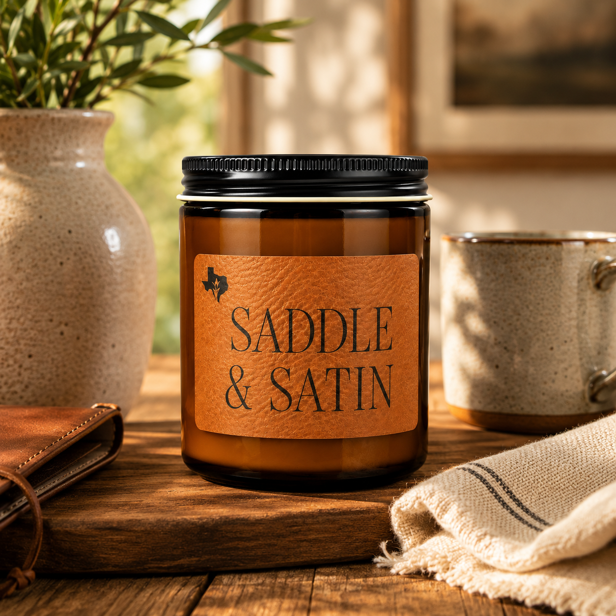 Saddle & Satin 8oz candle on a wooden table beside a ceramic vase of greenery, a speckled mug, and a leather wallet, with a framed landscape behind.