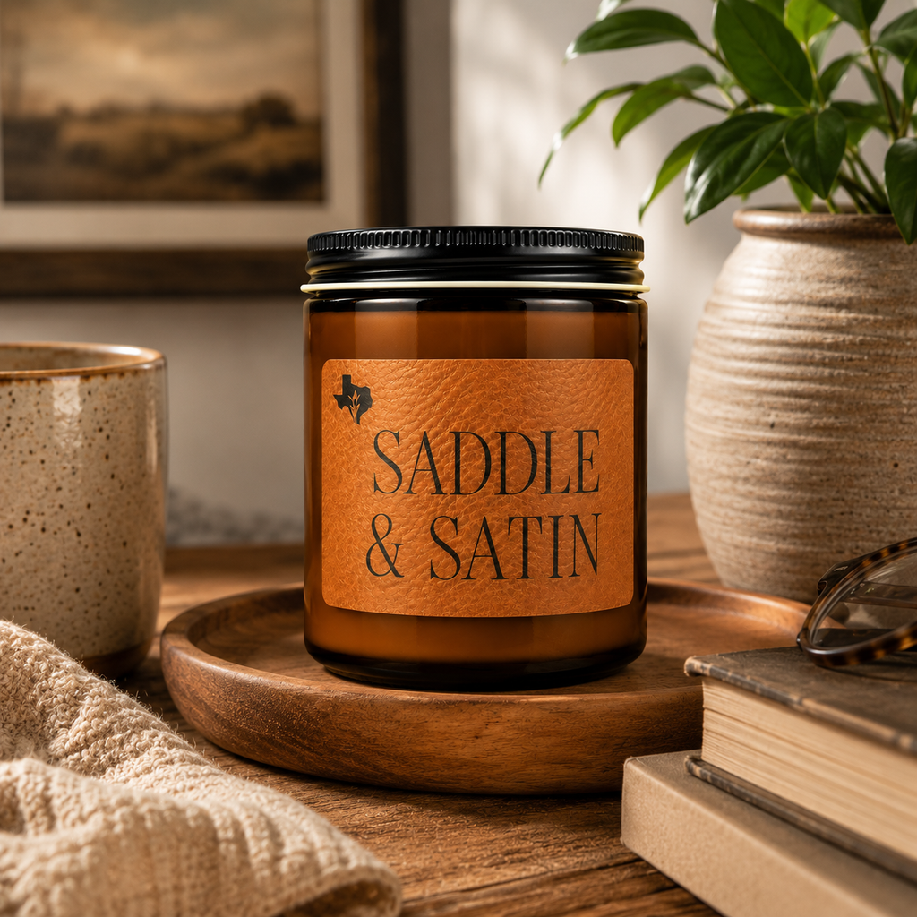 Saddle & Satin 8oz candle on a round wooden tray with a speckled mug, a potted plant, and a stack of books.