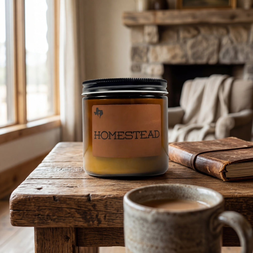 The Homestead candle lifestyle shot on table — Texas Candles